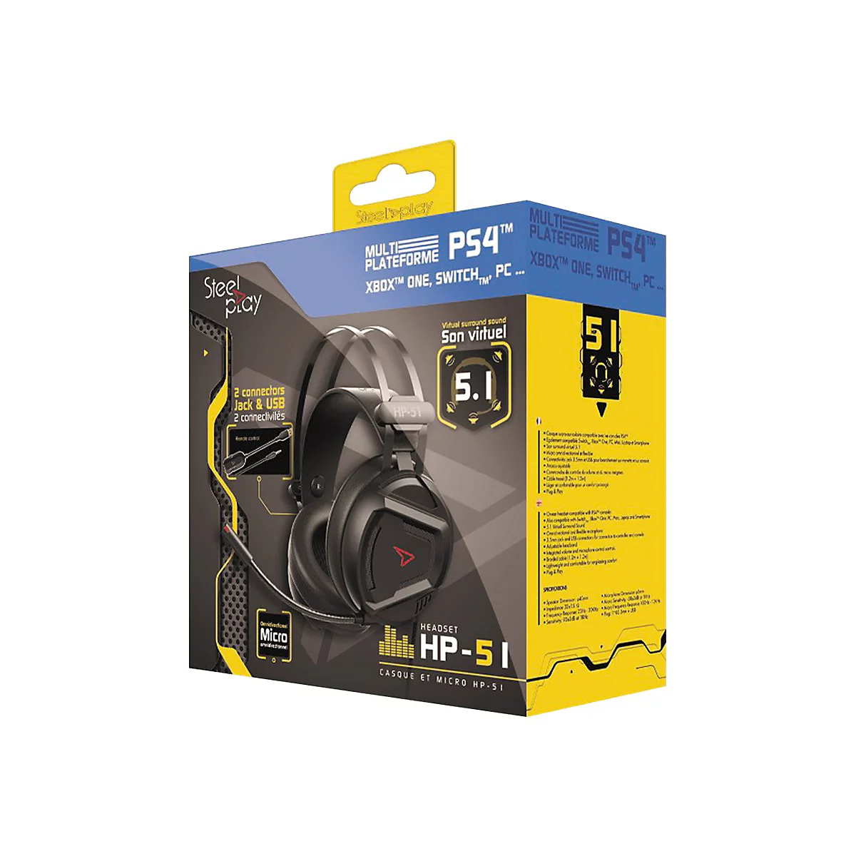 Verpackung des Steelplay HP-51 Gaming-Headsets in Schwarz und Gelb mit technischer Produktbeschreibung.
