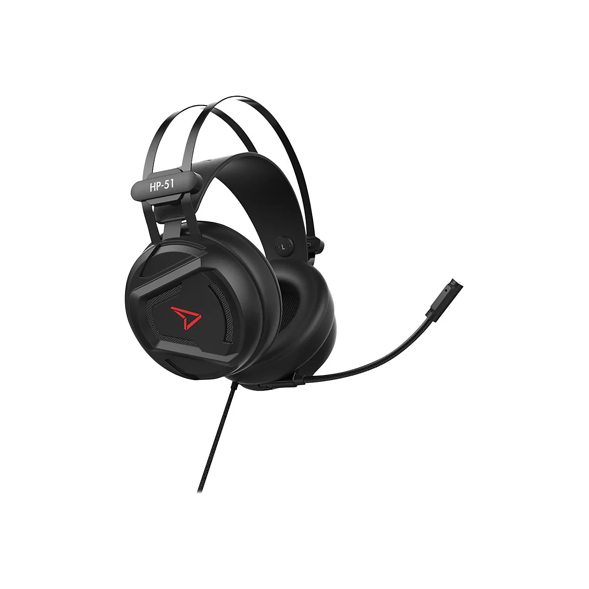 Schwarzes Gaming-Headset mit rotem Logo. Das Headset hat ein Mikrofon und ist freigestellt.