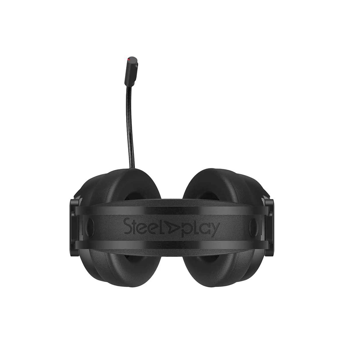 Schwarzes Headset mit Mikrofon, "Steel>Play" Schriftzug.