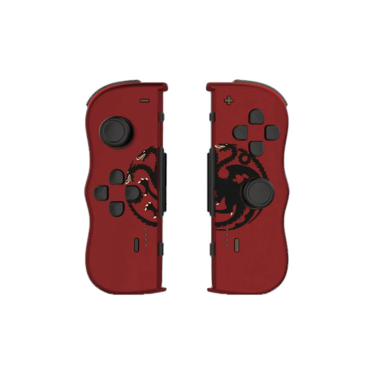 Deux Joy-Cons rouges avec logo de dragon. Boutons et joysticks noirs.