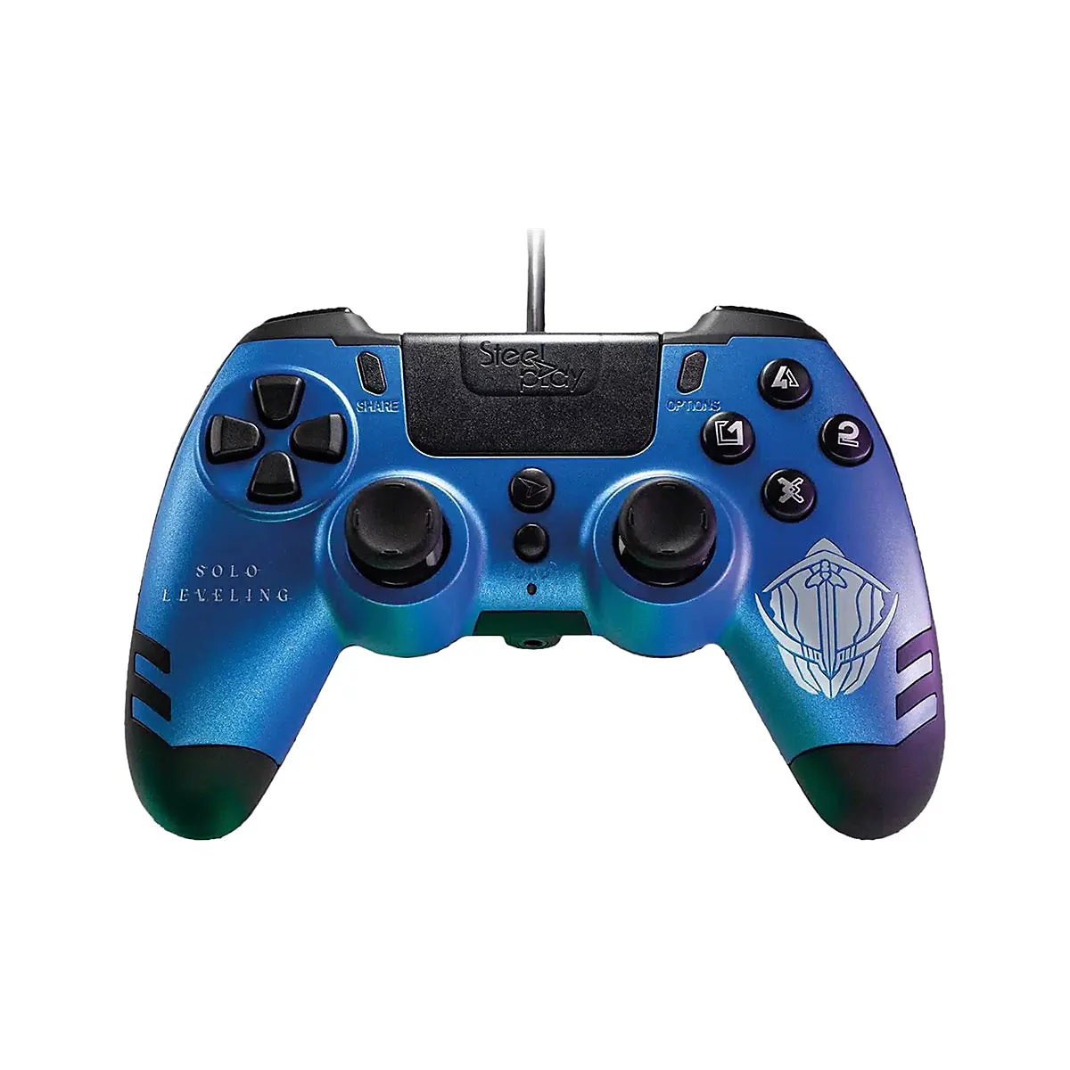 Manette de jeu bleue et noire avec logo 'Solo Leveling' et marque Steelplay.