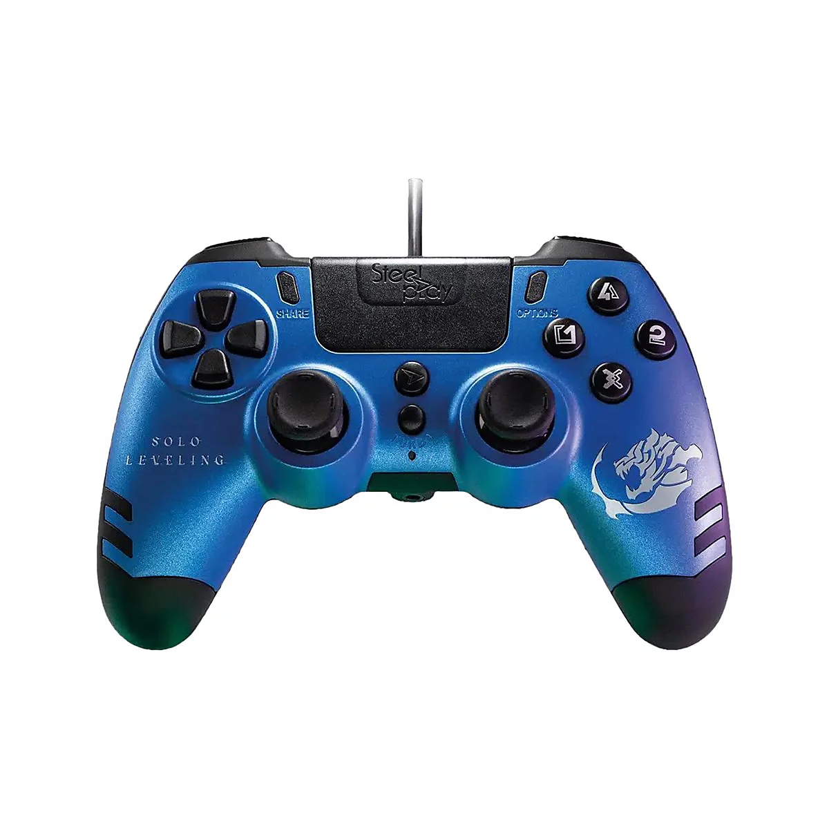 Manette de jeu bleue avec boutons noirs et logo blanc. Inscription "Solo Leveling".