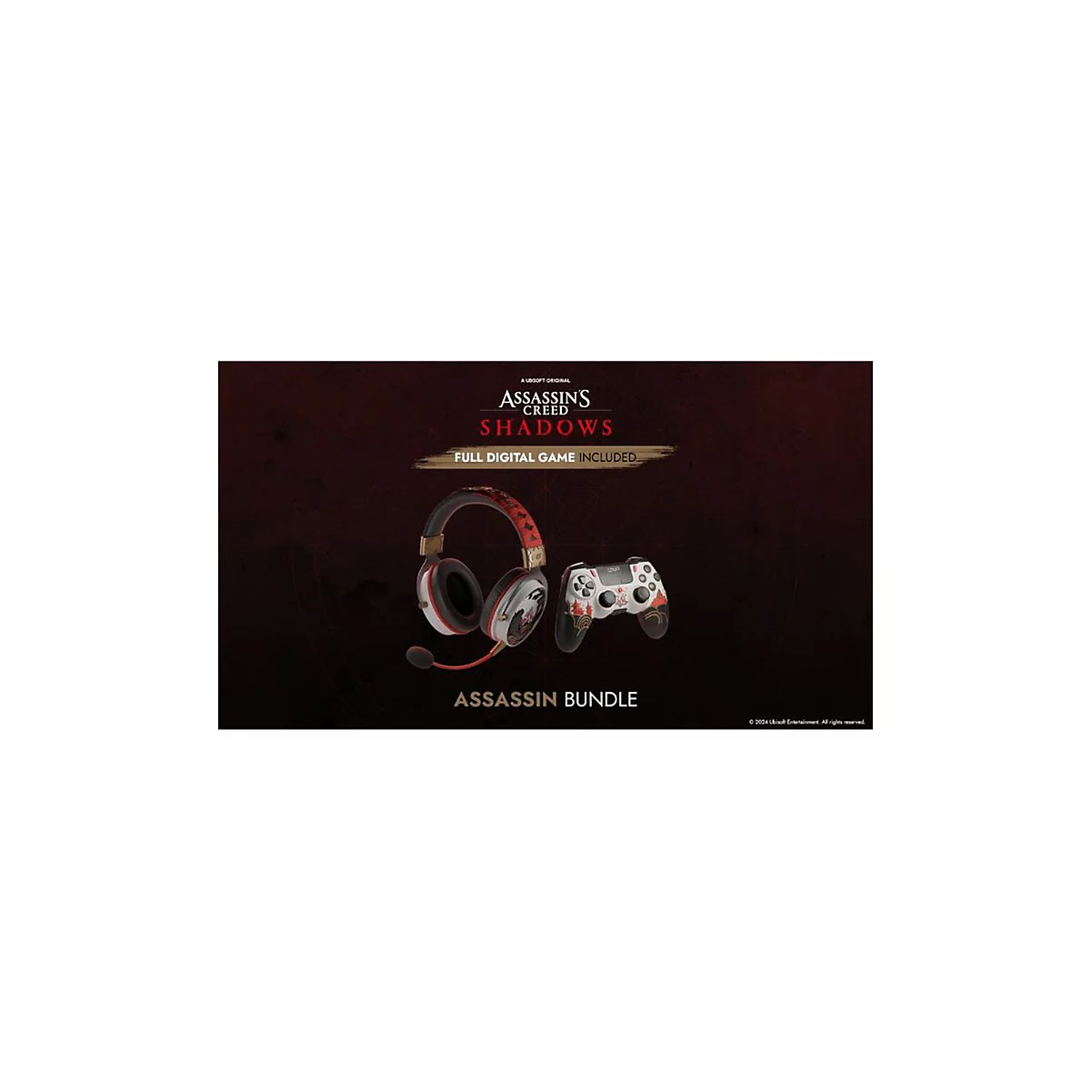 Ensemble Assassin's Creed Shadows : casque et contrôleur. Inscription : Assassin Bundle, Assassin's Creed Shadows.
