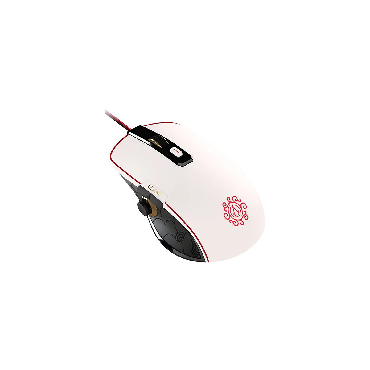Souris de jeu blanche avec bordure et accents rouges. La souris a un logo rouge et une molette de défilement noire. Le câble est tressé rouge et noir.