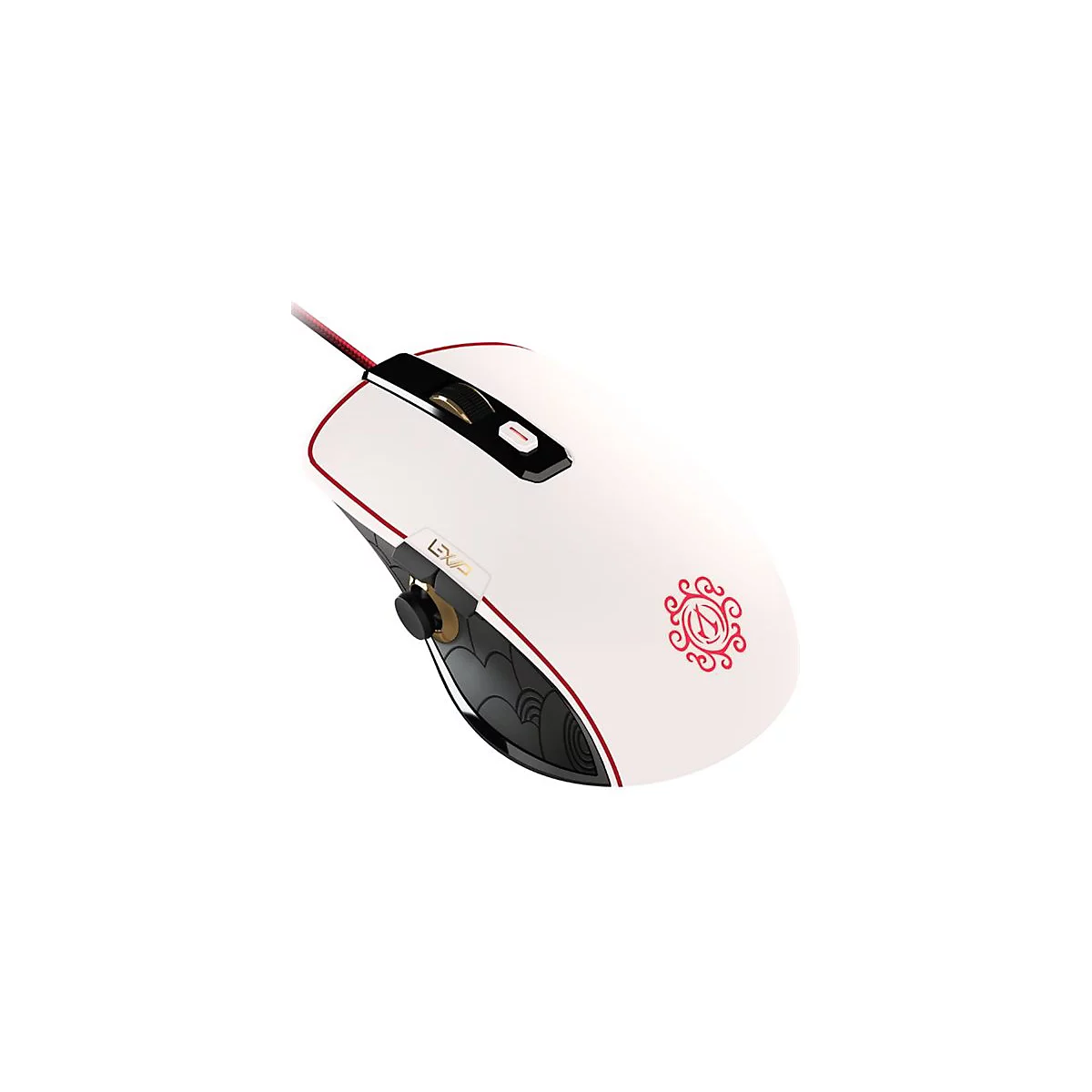 Souris de jeu blanche avec des accents rouges et un câble rouge. Des éléments dorés et noirs sont présents sur la souris.