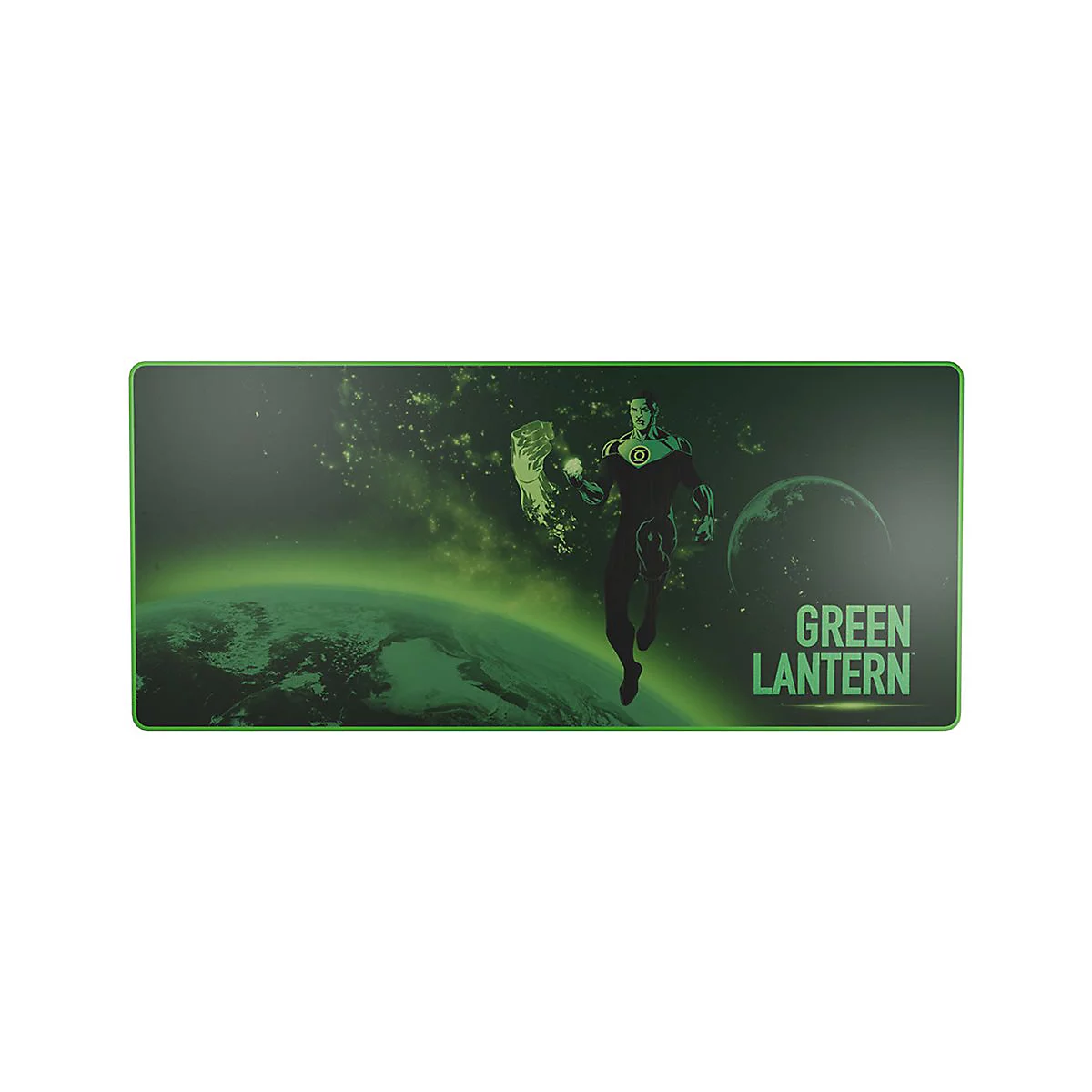 Tapis de souris vert avec motif Green Lantern. Le super-héros se tient devant un paysage spatial vert.