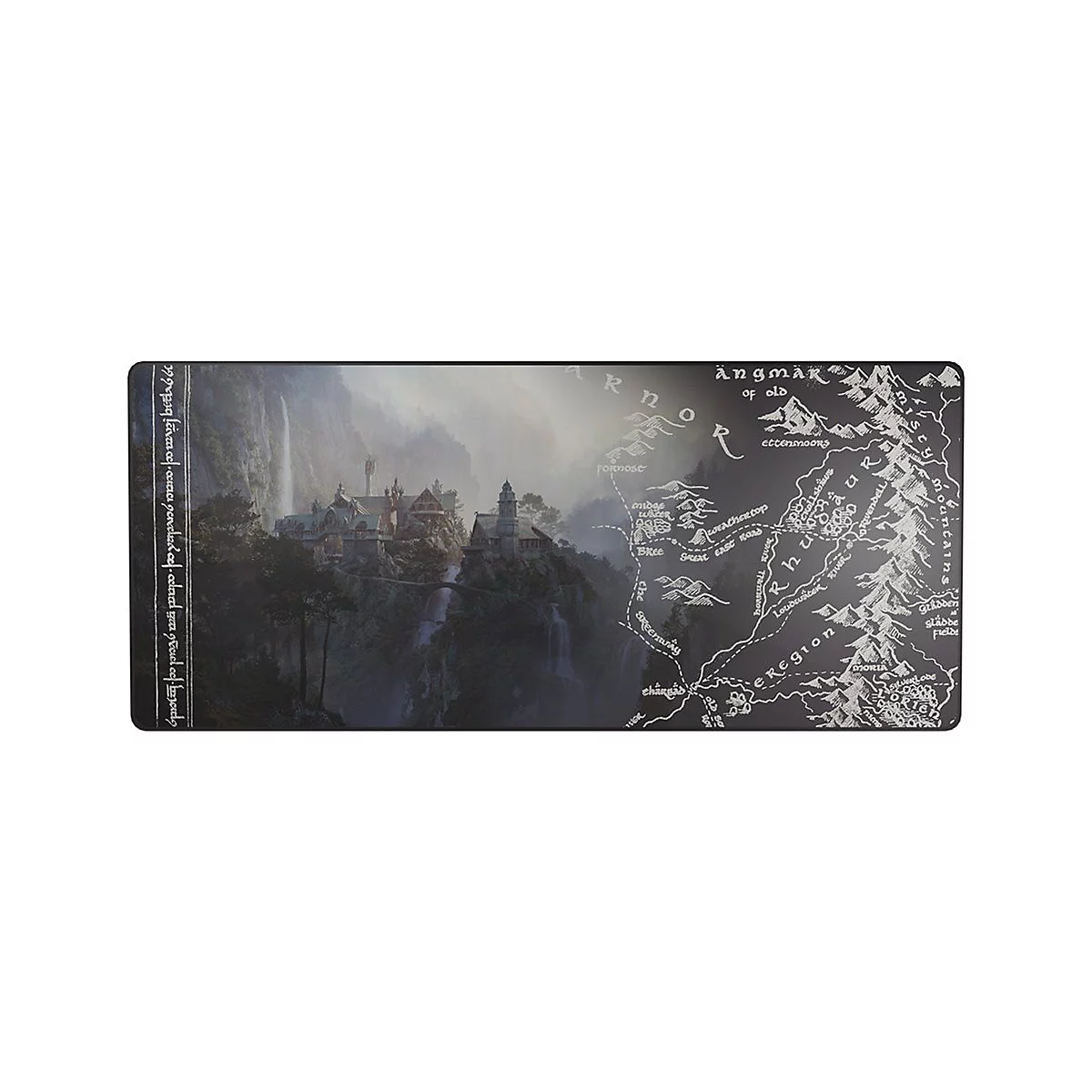 Tapis de souris avec une carte de la Terre du Milieu, une ville au sommet d'une montagne et une cascade. Inscription : Carte de la Terre du Milieu.