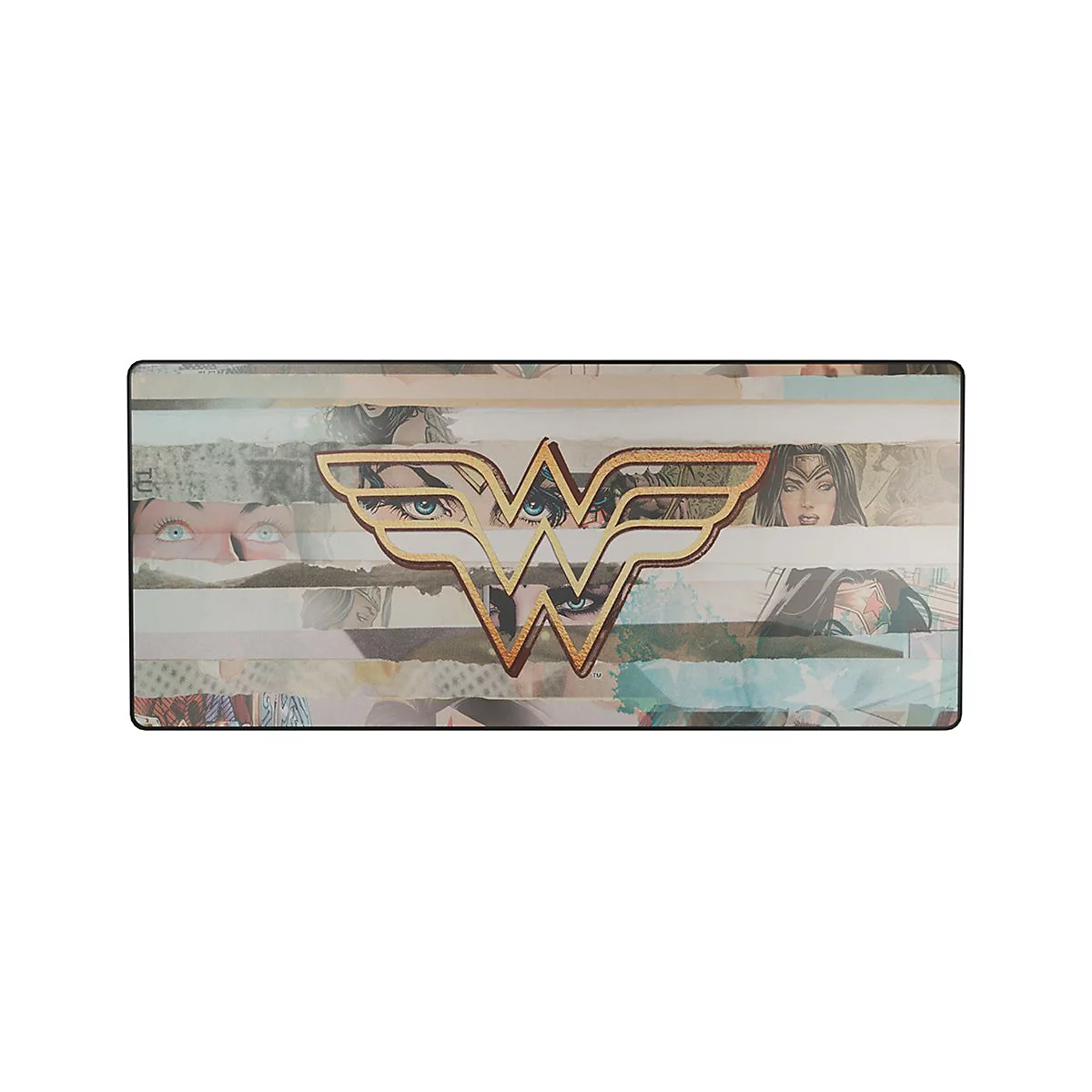 Tapis de bureau rectangulaire avec le logo Wonder Woman sur un fond de collage de bandes dessinées.
