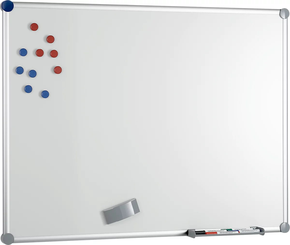 Pizarra blanca 2000 MAULpro, revestida de plástico blanco, magnética, marco gris platino, An 1200 x Al 900 mm + juego de accesorios de 15 piezas