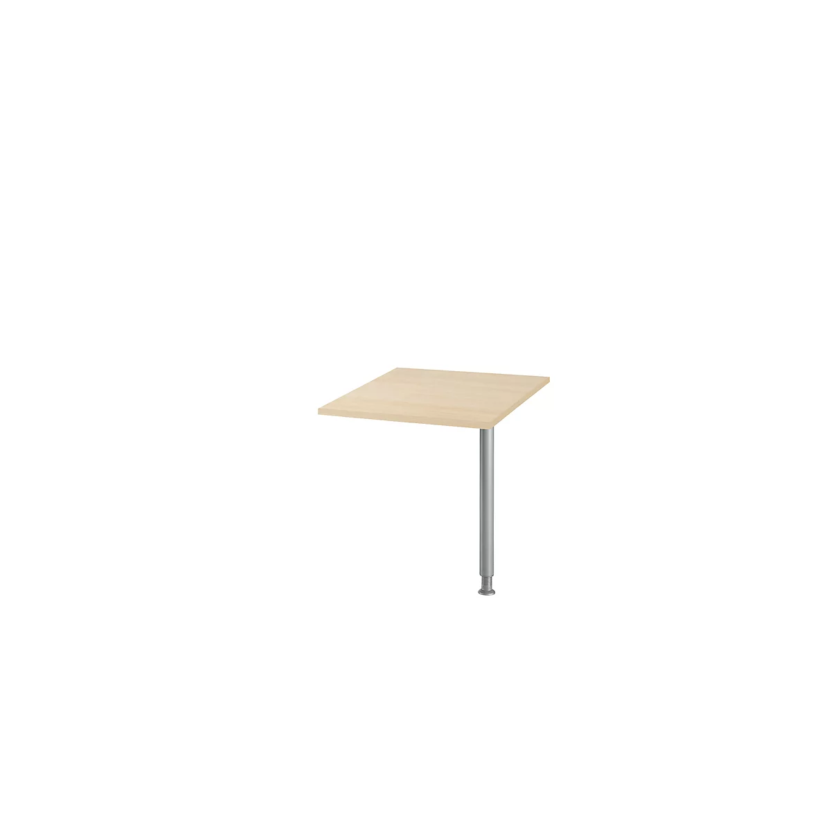 Una sola mesa cuadrada pequeña unida a una sola columna plateada. La mesa y la columna se colocan sobre un fondo blanco.