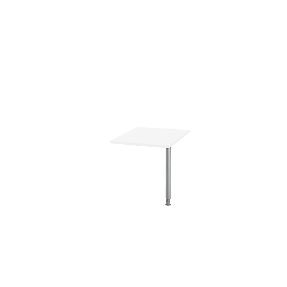 Pequeña mesa blanca cuadrada con una pata gris sobre un fondo blanco.