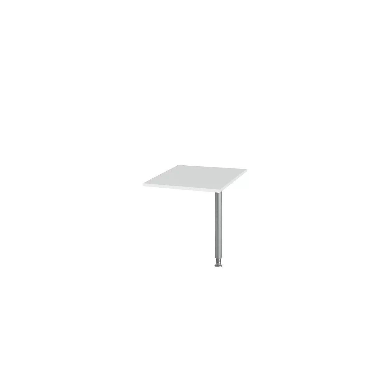 Una mesa cuadrada blanca sostenida por una pata gris, sobre un fondo blanco.