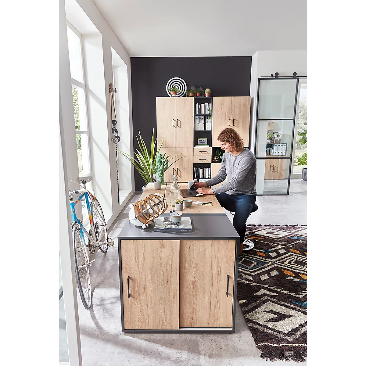 Placard d'appoint TEMPIO, en bois, 2 portes coulissantes, 2 OH, L 800 x P 430 x H 740 mm, blanc/blanc