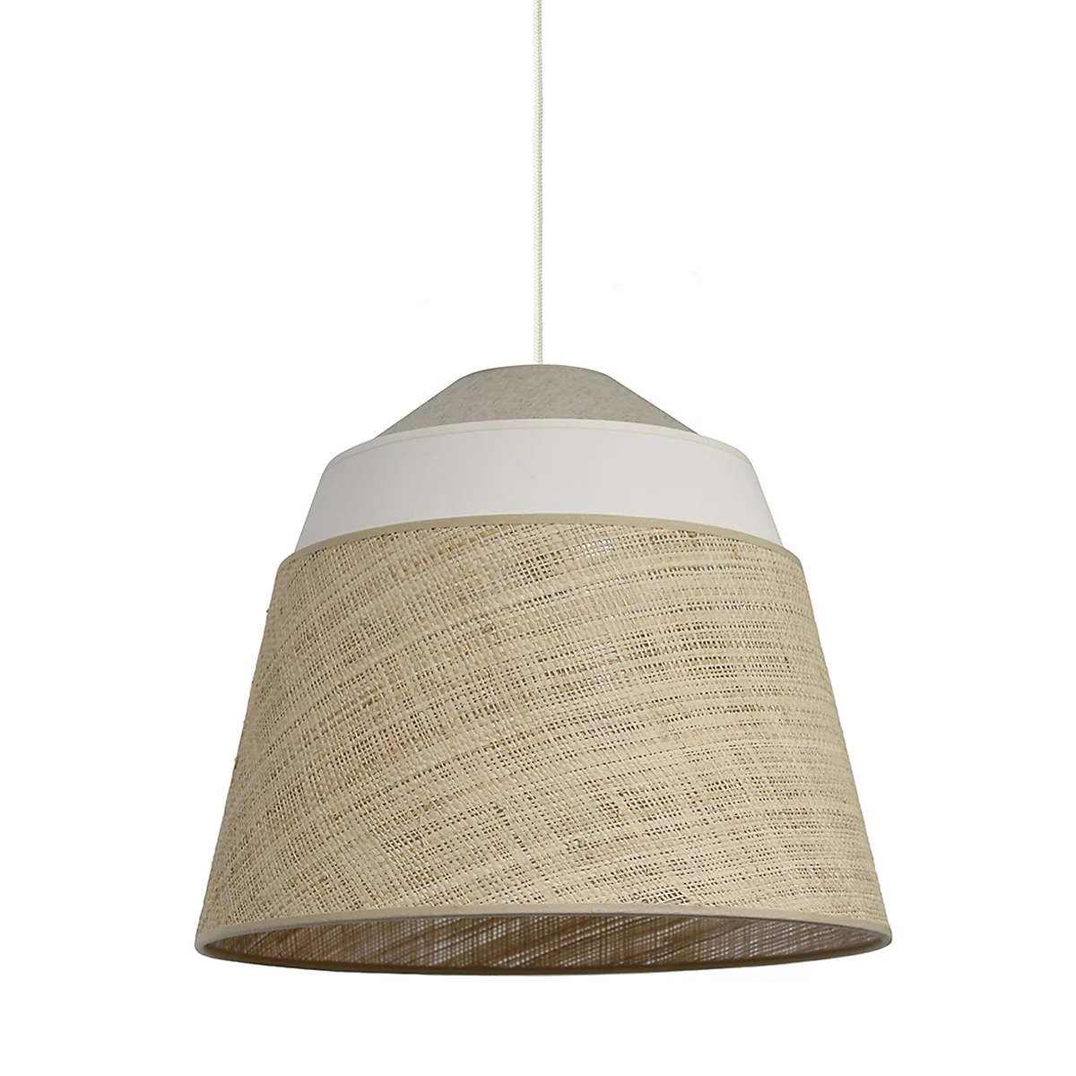 Hanglamp met linnen lampenkap. Witte streep en grijze afwerking.