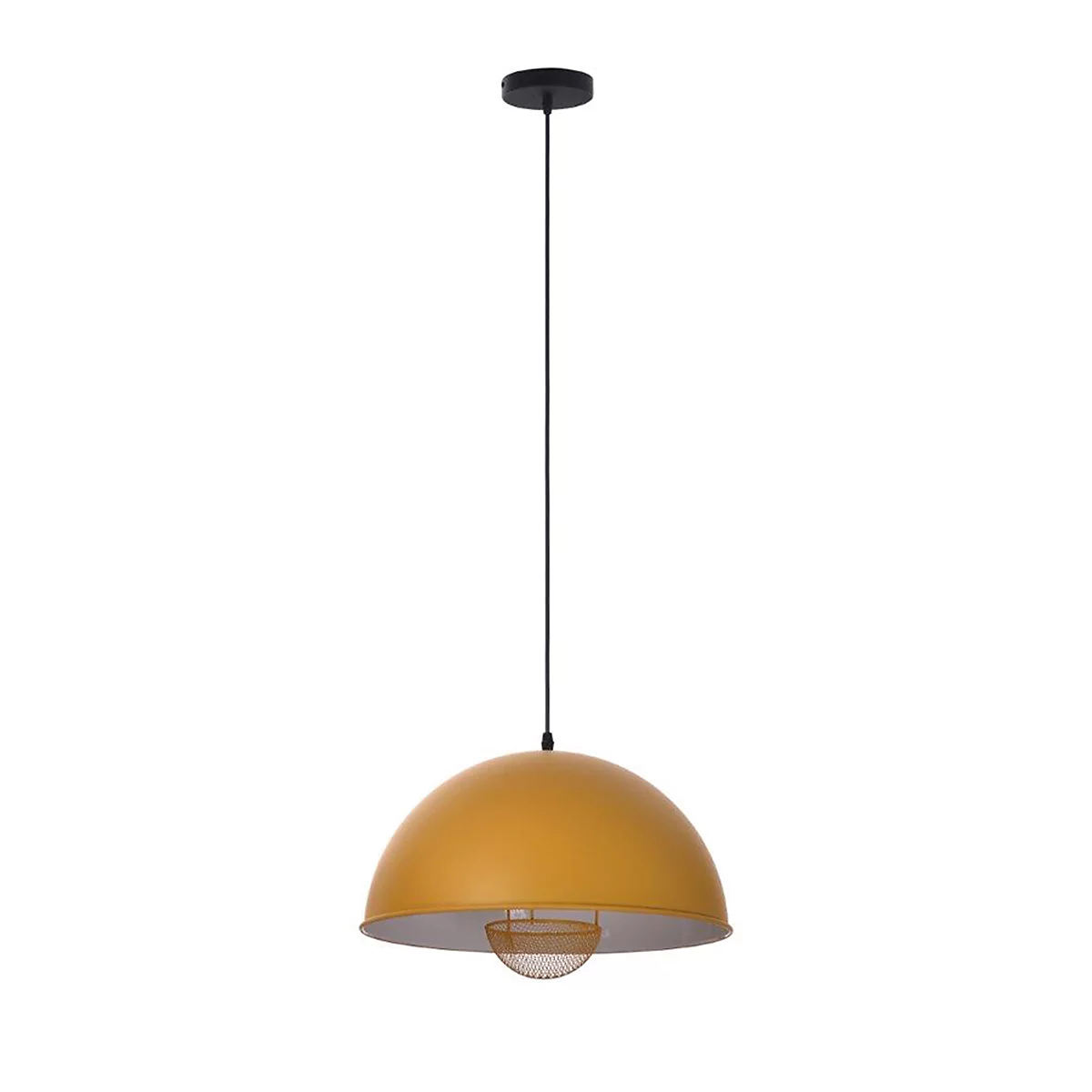 Gele hanglamp met zwarte kabel en kap. De binnenkant van de lampenkap is zilverkleurig, een gloeilamp is zichtbaar.