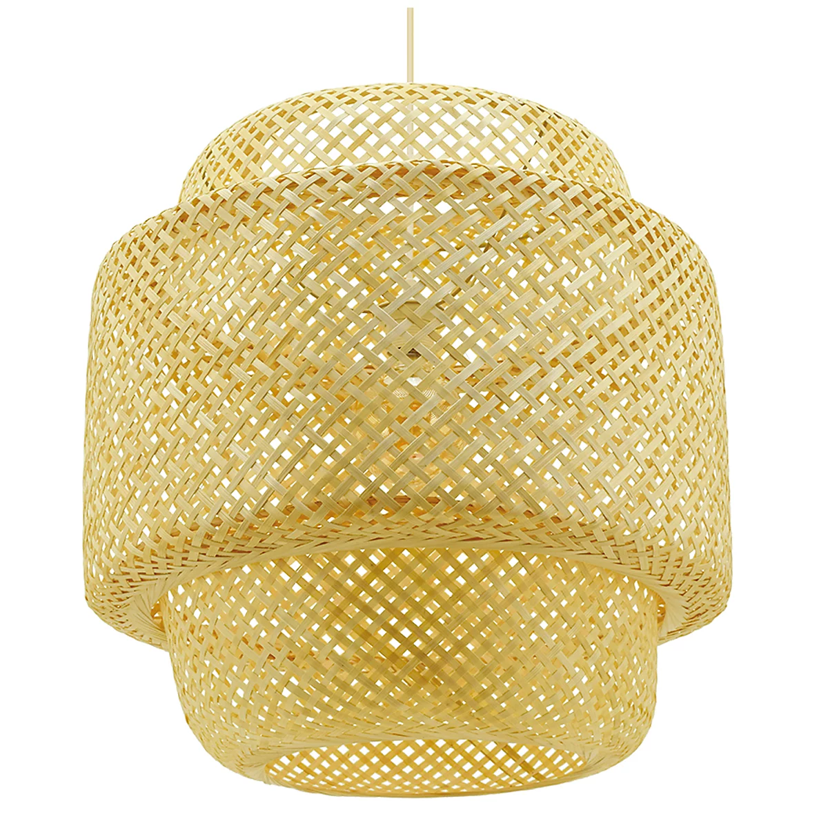 Lampe suspendue en bambou tressé, à trois niveaux, avec un câble de suspension.