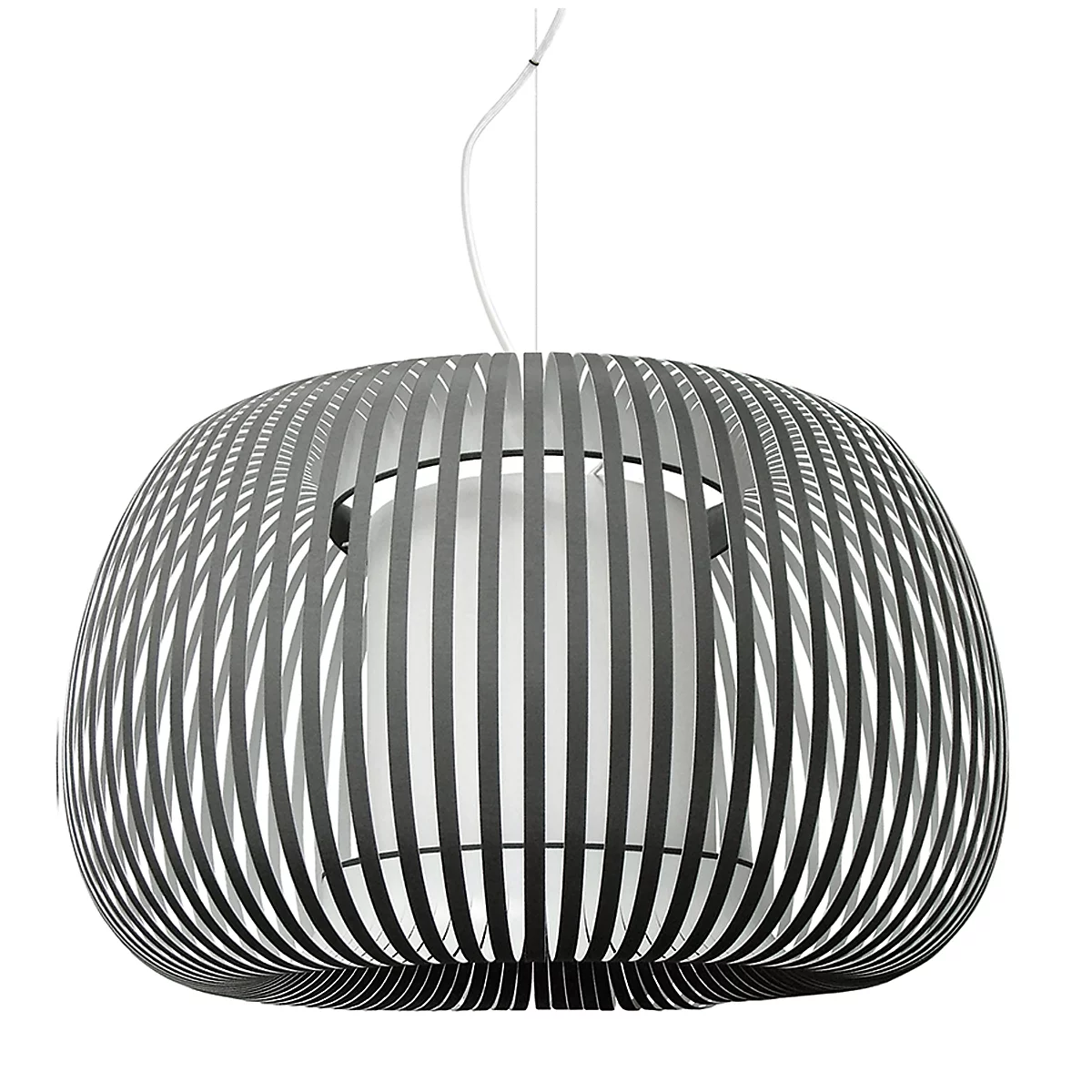 Lampe suspendue grise avec des lattes verticales, en dessous une source de lumière blanche.