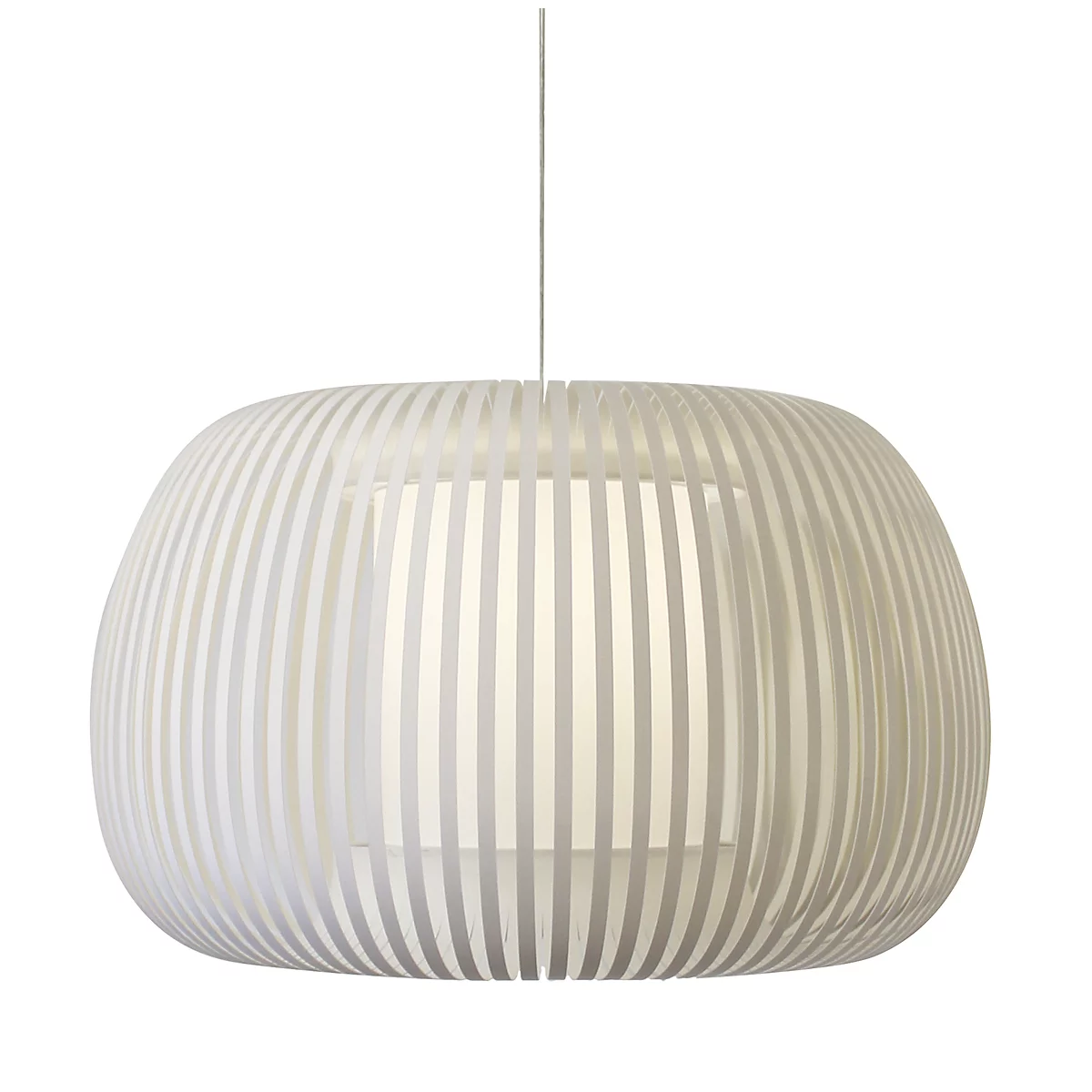 Suspension blanche avec des montants verticaux, sphérique, avec une lumière intérieure plus vive.