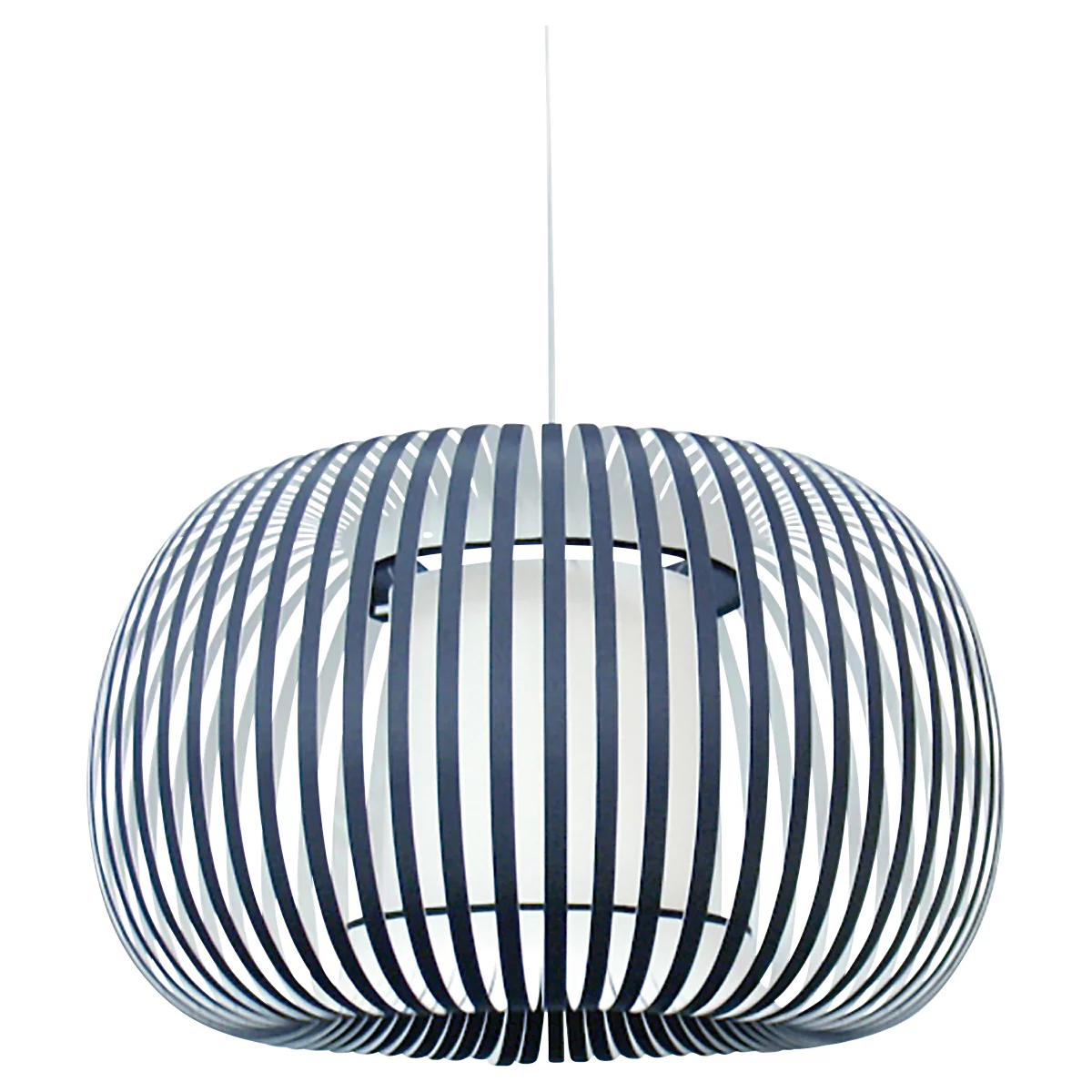 Suspension avec lattes bleu-gris. Abat-jour blanc à l'intérieur.