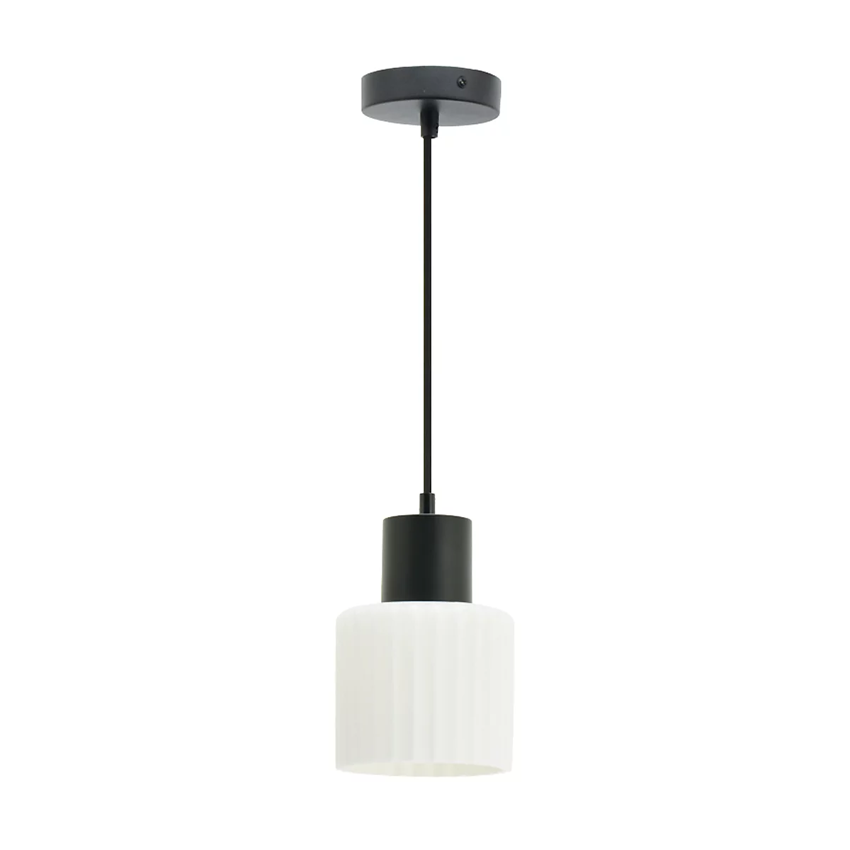 Suspension, noir et blanc, cylindrique, verre cannelé.
