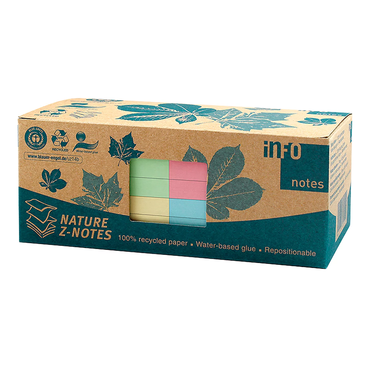 Plakbriefjes, B 75 x H 75 mm, Z-vouw, gerecycled papier, geassorteerde kleuren, elk 100 vellen, 12 blokken