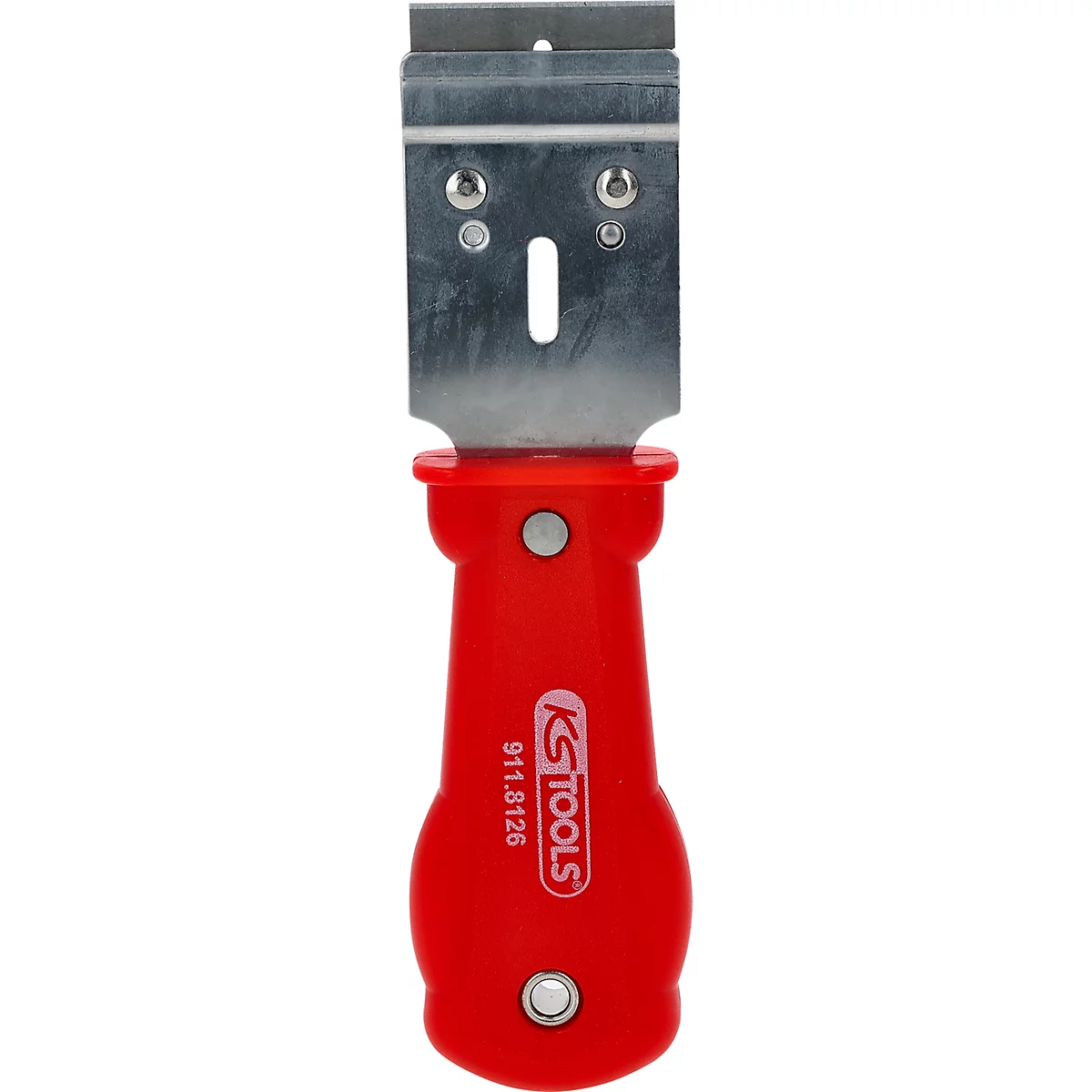 Schaber mit rotem Griff und Metallklinge. Auf dem Griff ist "KS TOOLS" und die Artikelnummer aufgedruckt.