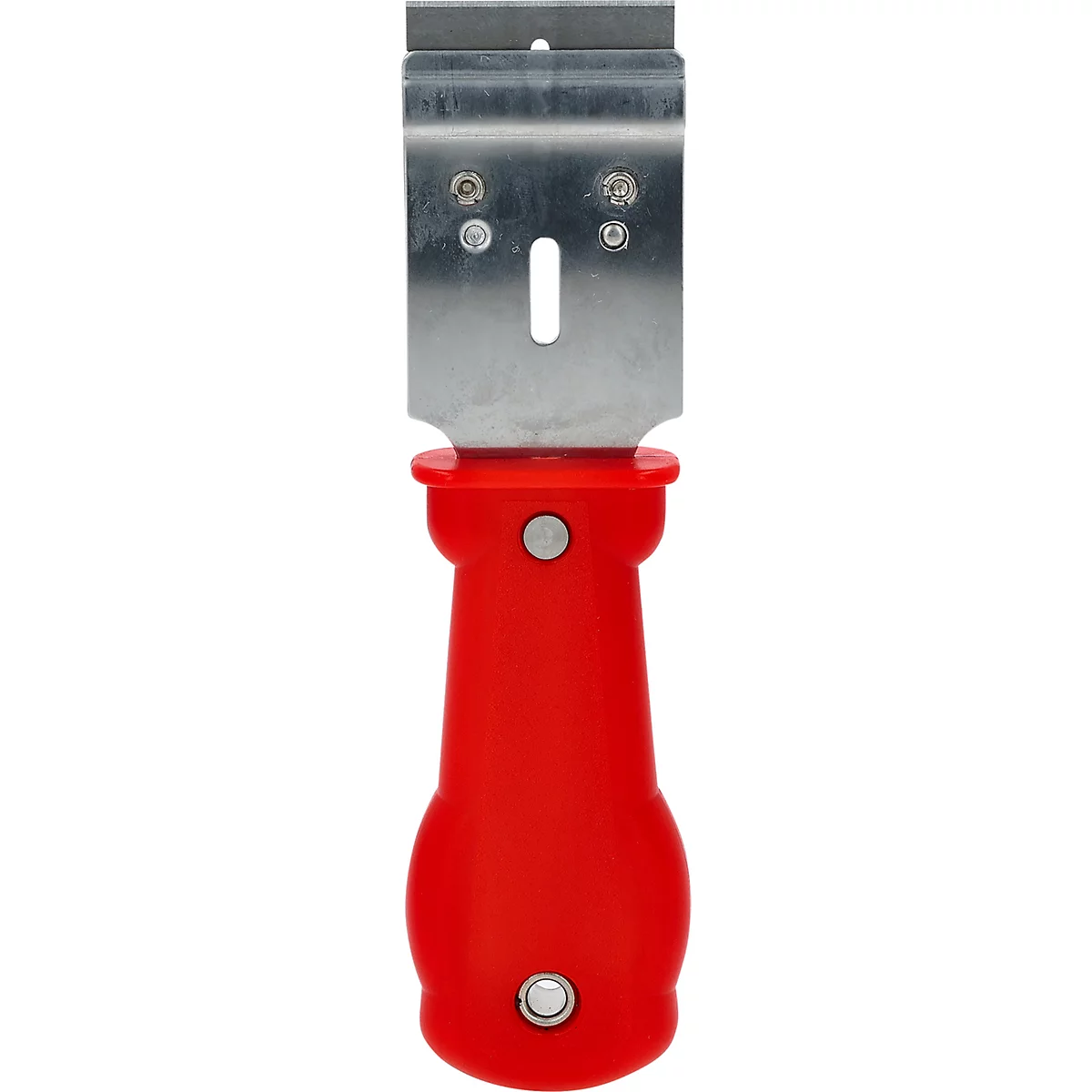 Ein roter Griff mit silbernem Metallaufsatz. Der Griff hat eine ungewöhnliche Form, mit einer breiten Basis und schmaleren Abschnitten.