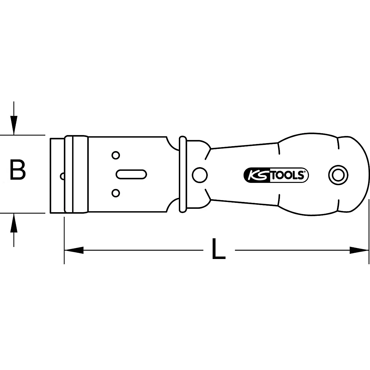 Zeichnung eines Werkzeugs mit den Beschriftungen B und L, KS Tools-Logo.