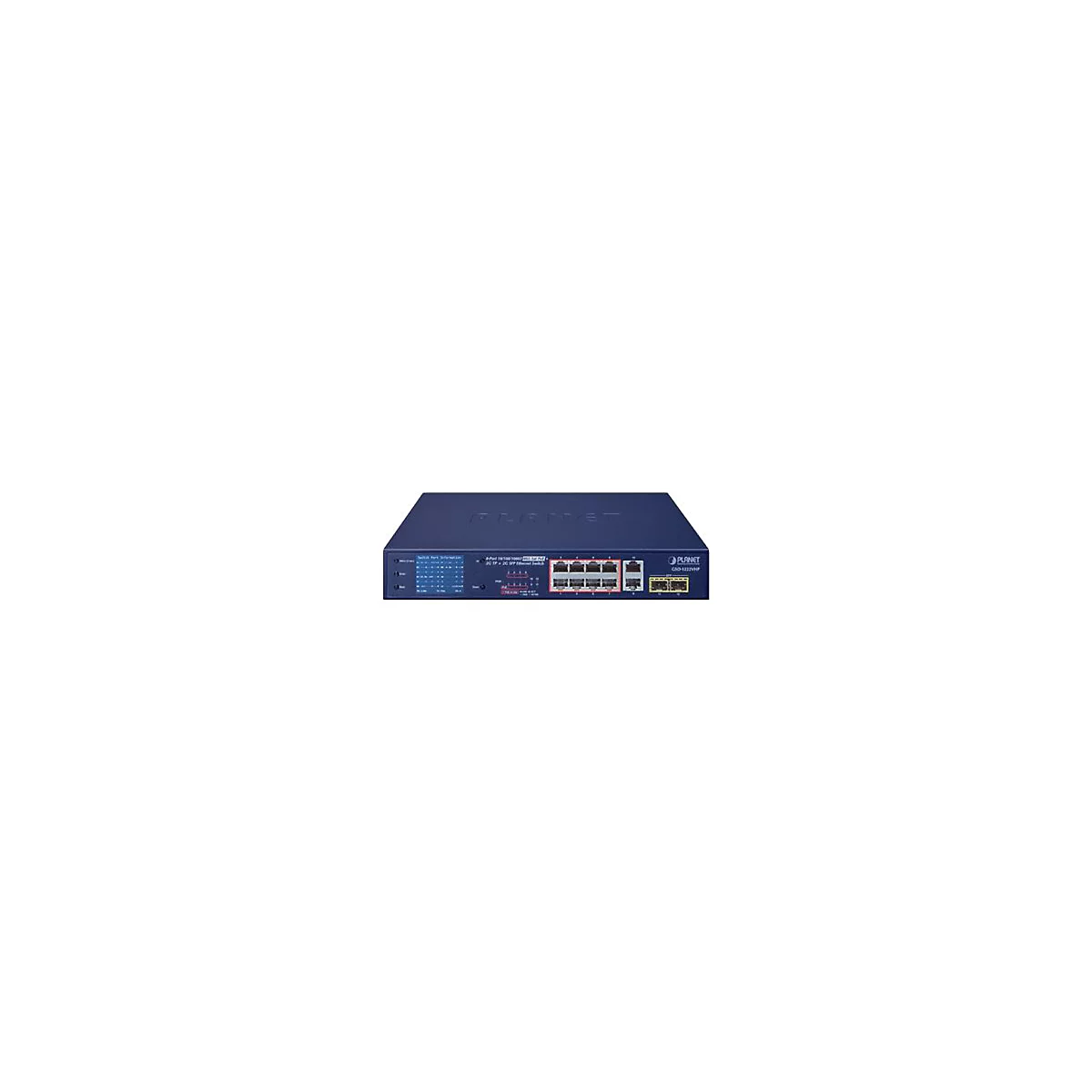 Blauer Netzwerk-Switch mit Anschlüssen und LED-Anzeigen. Text: "PLANET", "8-Port 10/100/1000T + 2G SFP Ethernet Switch".