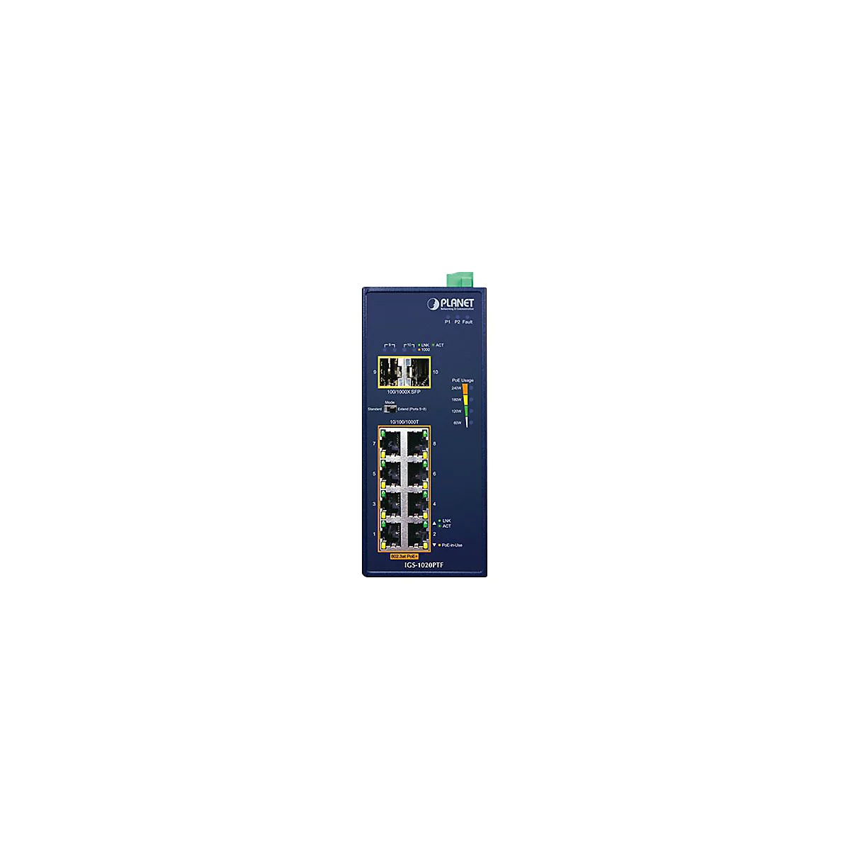 PLANET IGS-1020PTF - Switch - unmanaged - 8 x 10/100/1000 (PoE+) + 2 x Gigabit SFP - an DIN-Schiene montierbar, wandmontierbar - PoE+ (240 W)
