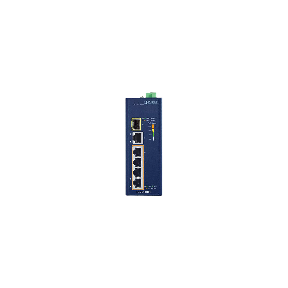 PLANET IGS-614HPT - Switch - unmanaged - 4 x 10/100/1000 (PoE+) + 1 x 10/100/1000 + 1 x 1000Base-X SFP - an DIN-Schiene montierbar, wandmontierbar - PoE+ (120 W)