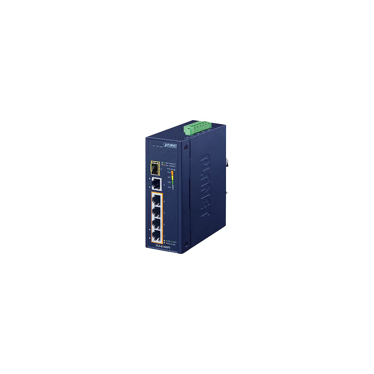 PLANET IGS-614HPT - Switch - unmanaged - 4 x 10/100/1000 (PoE+) + 1 x 10/100/1000 + 1 x 1000Base-X SFP - an DIN-Schiene montierbar, wandmontierbar - PoE+ (120 W)