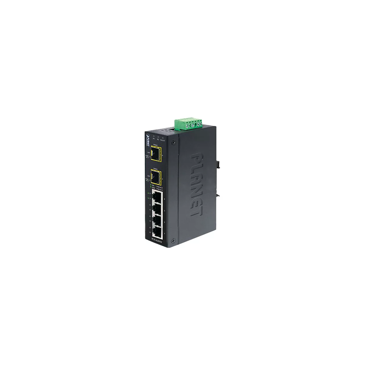 Schwarzer Netzwerk-Switch von Planet mit Anschlüssen und Beschriftungen. Oberhalb grüne Klemmen, unten Anschlüsse.