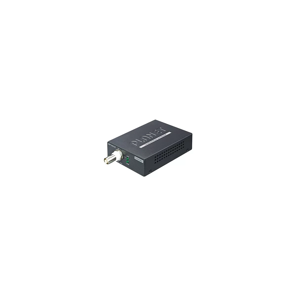 Schwarzes LRP-101CE Extender-Gerät mit BNC-Anschluss, beschriftet mit Planet Long Reach Power over Ethernet.