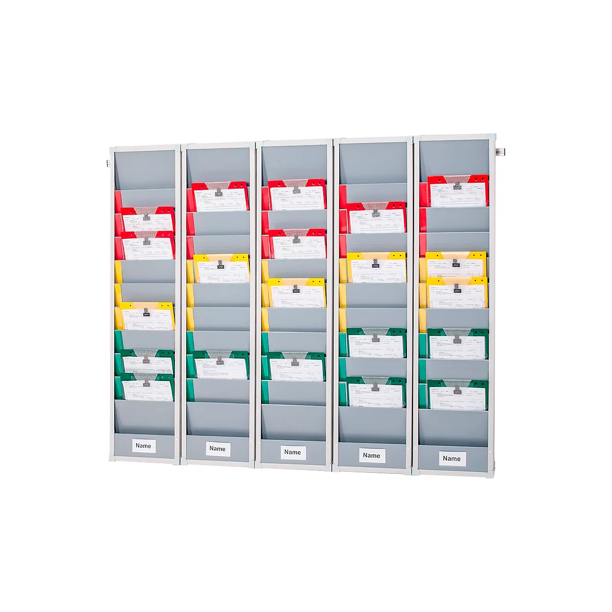 Wall-mounted document holder with five columns and colored dividers for organized document filing.