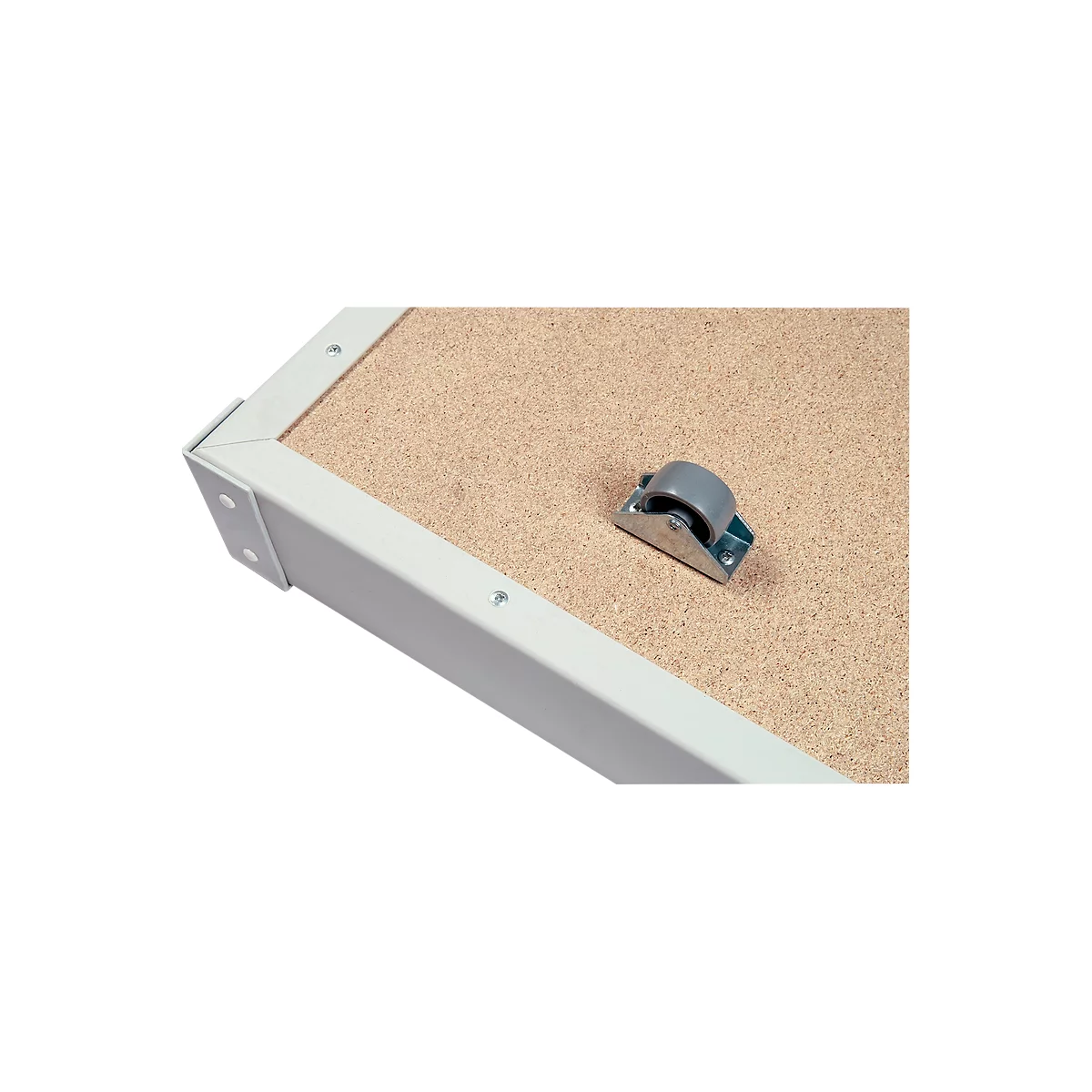 Close-up of table top corner with casters, metal frame and wood. Detail view.