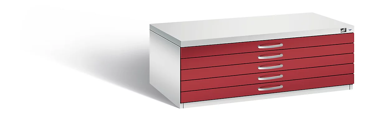 Planschrank aus Stahl, für Formate bis DIN A1, 5 Schubladen, lichtgrau/rot