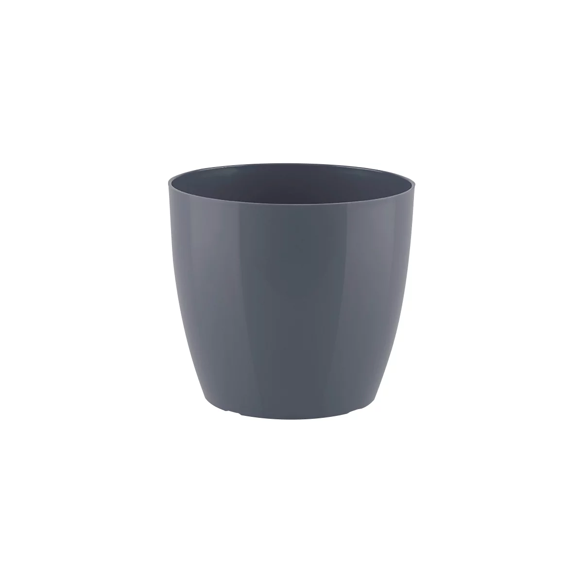 Gray plastic flower pot, oval shape.