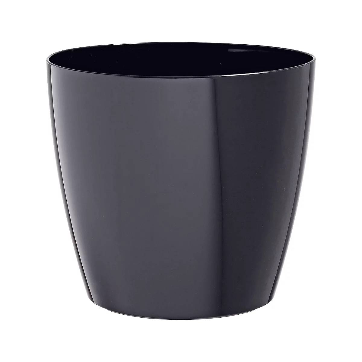 Black, conical flower pot made of shiny plastic.