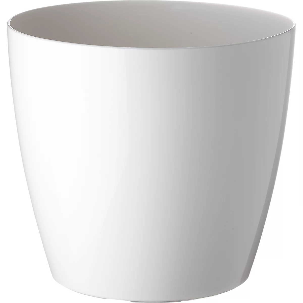 White, cone-shaped flower pot. It is smooth inside and glossy outside.