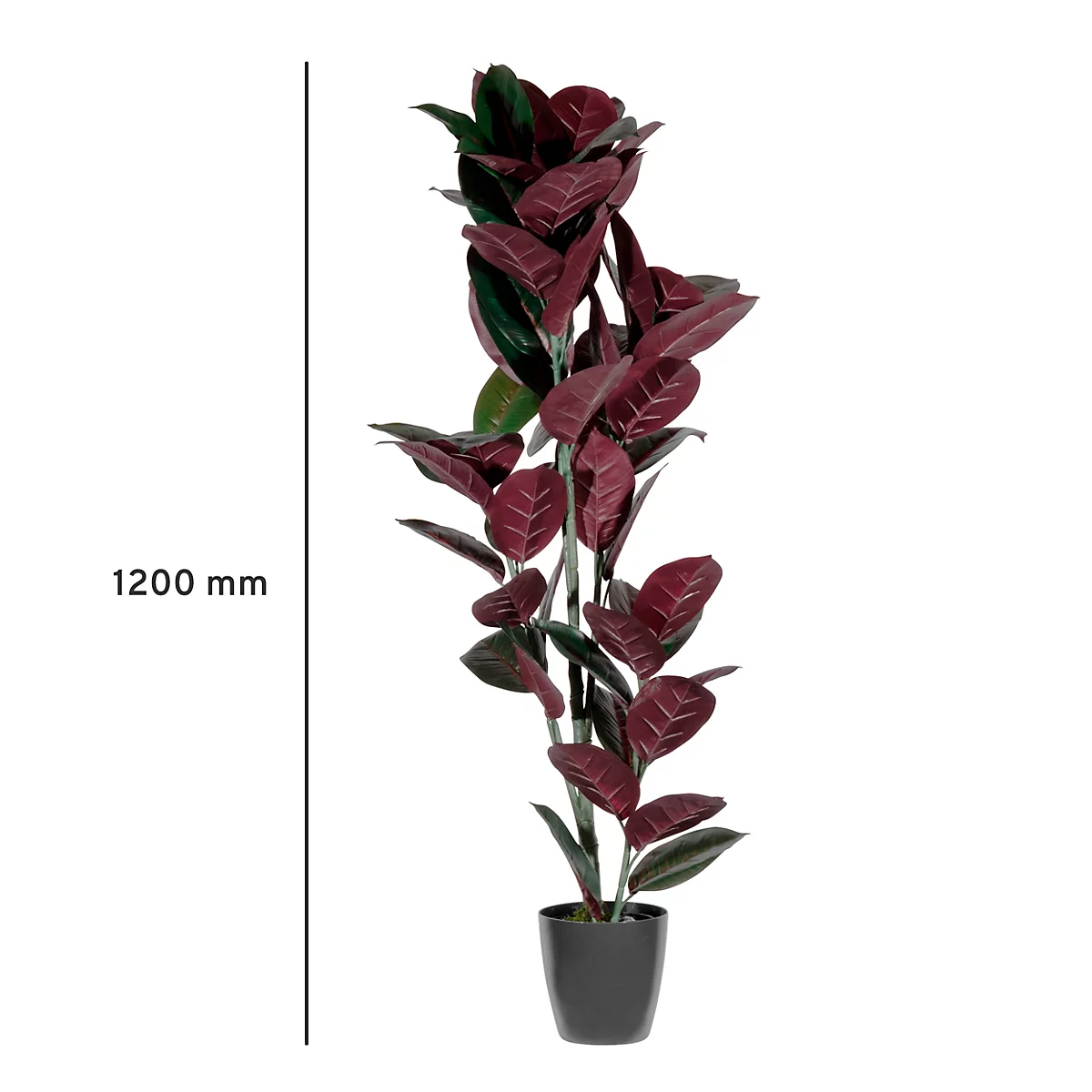 Une grande plante artificielle aux feuilles marron se dresse dans un pot noir. À côté se trouve une échelle avec la mention 1200 mm.