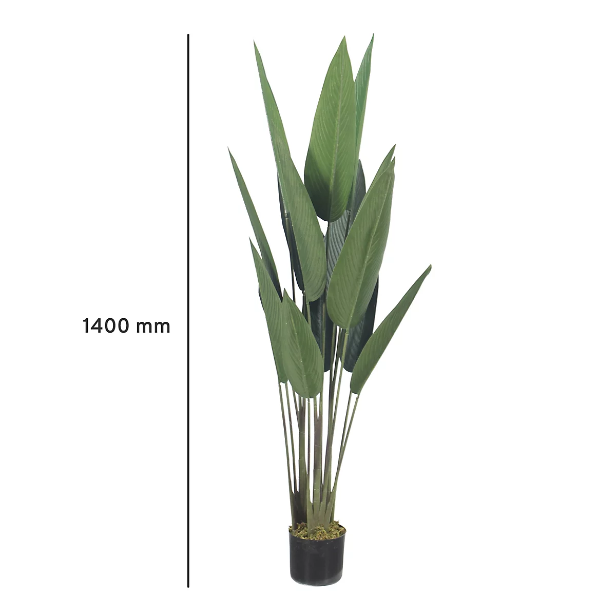 Plante artificielle verte dans un pot noir. Une hauteur de 1400 mm est affichée à côté de la plante.
