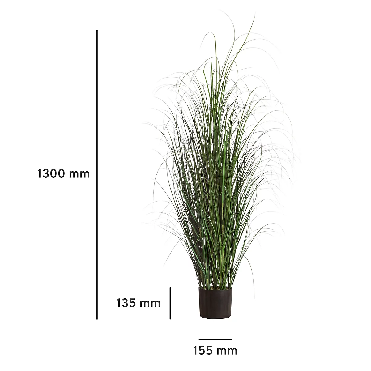 Une grande plante ornementale artificielle dans un pot noir. Dimensions : 1300 mm de haut, 135 mm de large, 155 mm de profondeur.