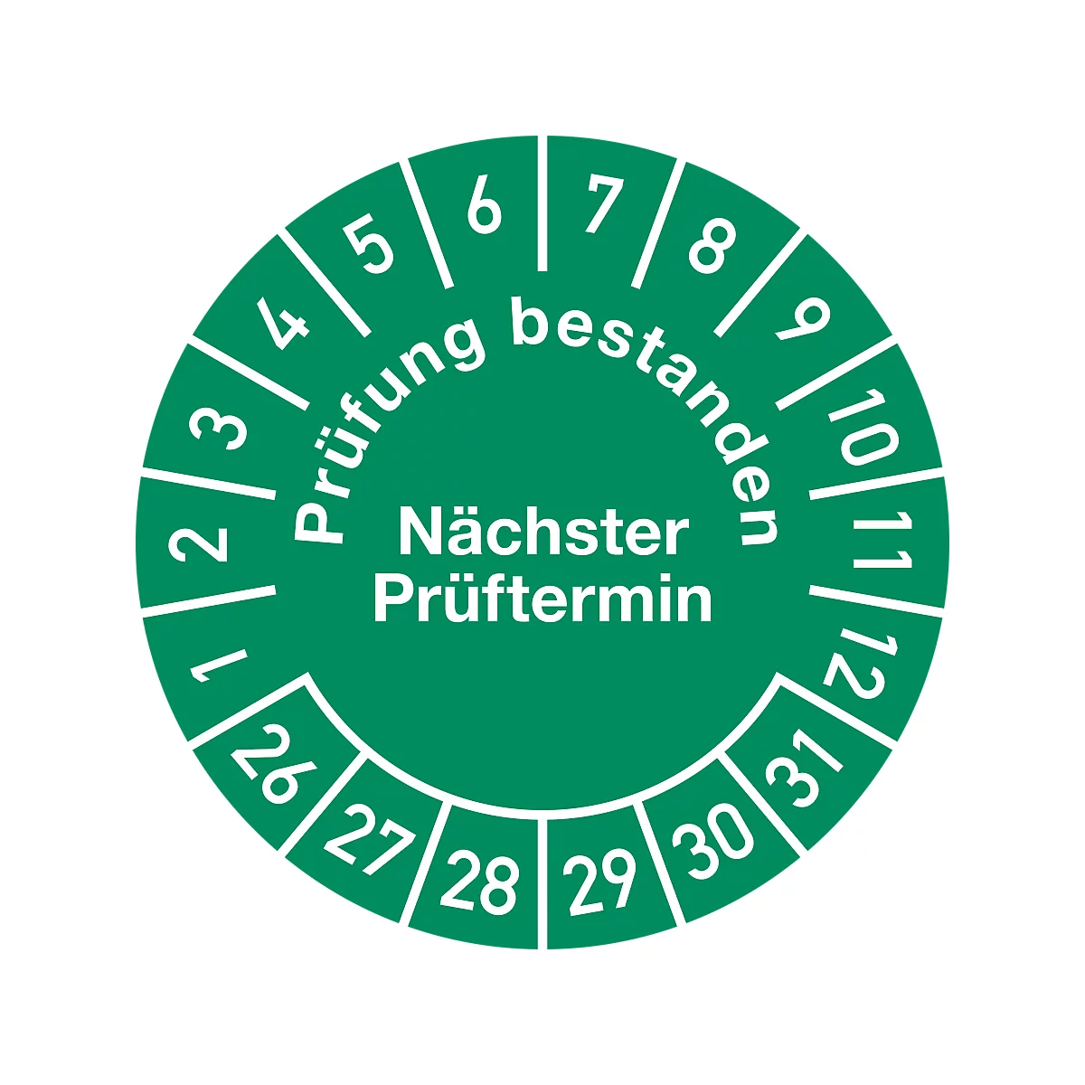 Autocollant rond vert, « Contrôle réussi, prochaine date de contrôle ». Chiffres 1 à 12 et 26 à 31 en cercle.