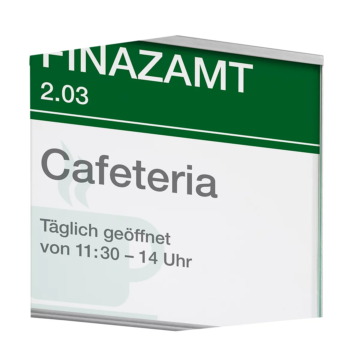 Panneau avec "Finanzamt 2.03 Cafeteria" indiquant les horaires d'ouverture.
