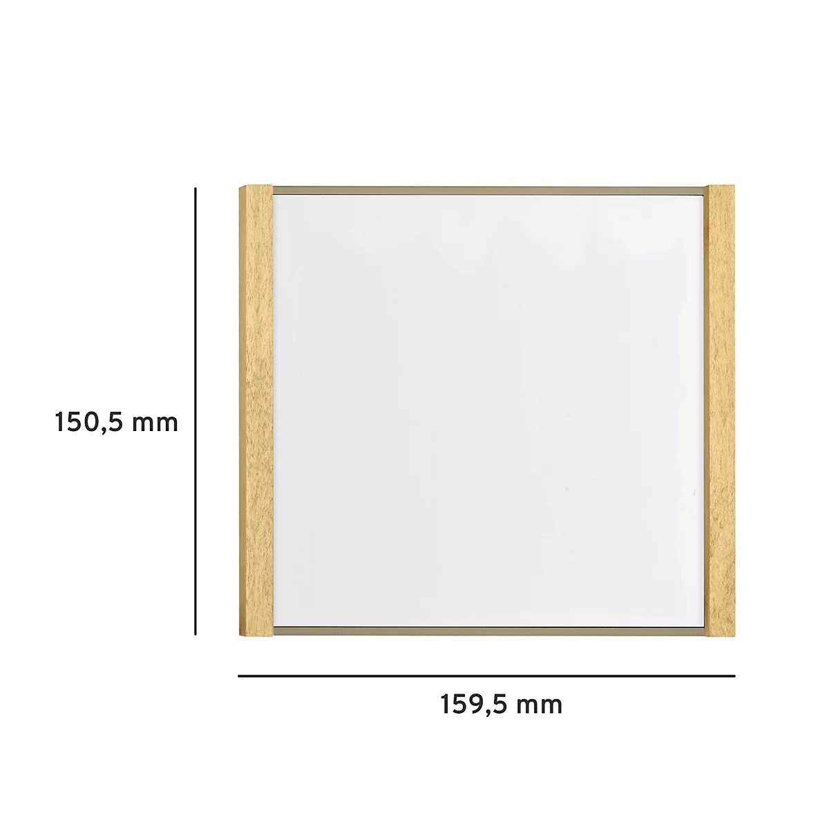 Un cadre rectangulaire blanc avec des bandes de bois sur les côtés. Dimensions : 150,5 mm x 159,5 mm.