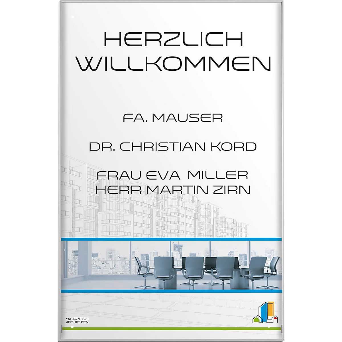 Panneau de bienvenue avec le texte : "HERZLICH WILLKOMMEN", des noms et un arrière-plan avec des bureaux et des salles de réunion.