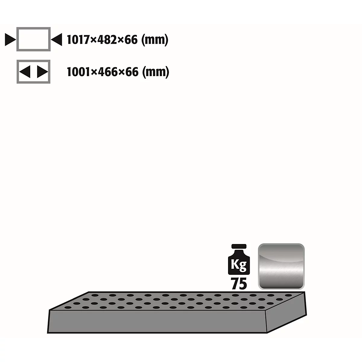 Plaque perforée standard pour les armoires de sécurité asecos des séries Q30, Q90 et S90, acier inoxydable 1.4016, L 1017 x P 482 x H 66 mm, jusqu'à 75 kg