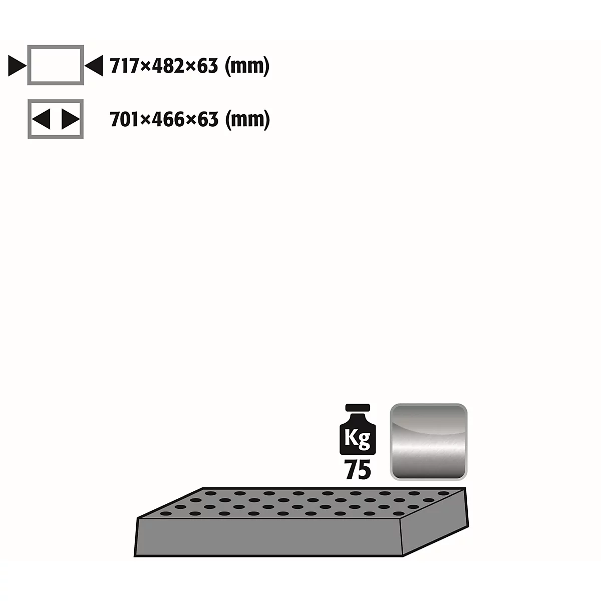 Plaque perforée standard pour les armoires de sécurité asecos des séries Q30, Q90 et S90, acier inoxydable 1.4016, L 717 x P 482 x H 63 mm, jusqu'à 75 kg