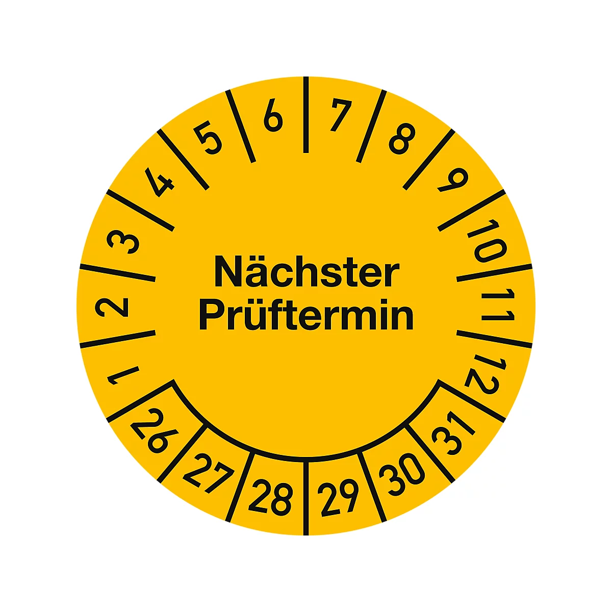 Autocollant jaune avec l'inscription "Prochaine date d'inspection". Un pointeur rouge indique le mois, en dessous les jours du mois de 26 à 31.